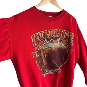Vintage 90s Wildlife Sweatshirt Sz S/M Red Brown Grizzly Bear Outdoor Graphic